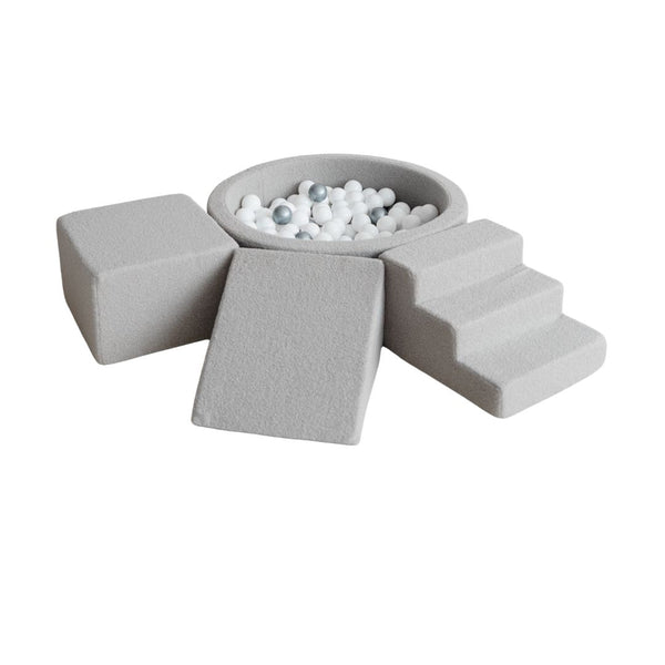bouclé ballenbad rond met speelelementen foamblokken klimblokken ballenbadaccessoires trapje moje grijs grey
