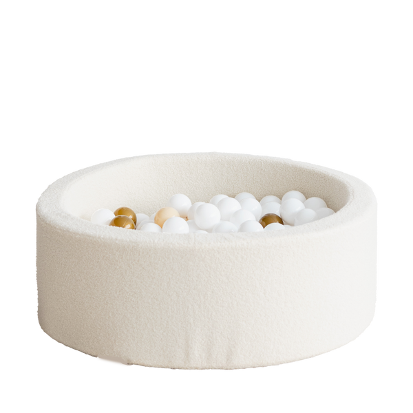 bouclé boucle cream ecru beige ballenbad ballenbak ballenbadballen ballenbakballen rond 30 hoog moje