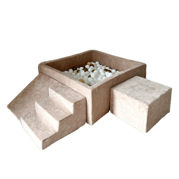 speelset playset ballenbadaccessoires ballenbad ballenbaden ballenbakje foamblokken zachte speelblokken klimblokken moje velvet beige bruin