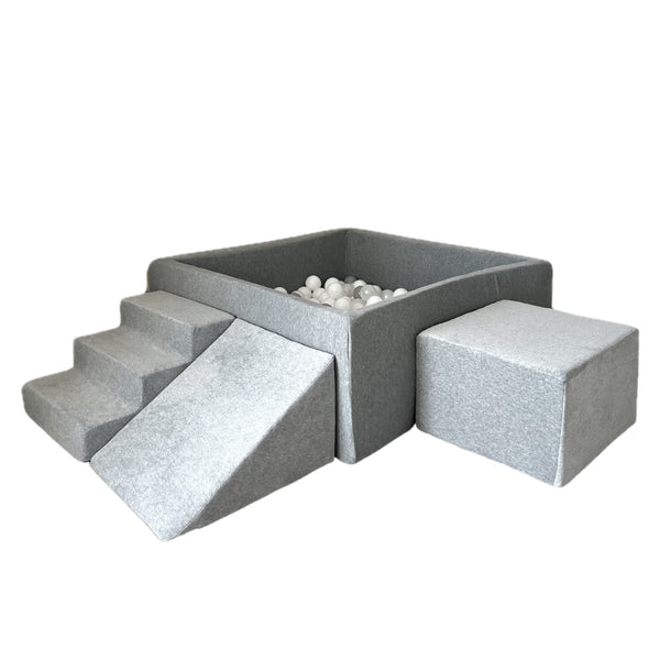 speelset playset ballenbadaccessoires ballenbad ballenbaden ballenbakje foamblokken zachte speelblokken klimblokken moje velvet grijs grey