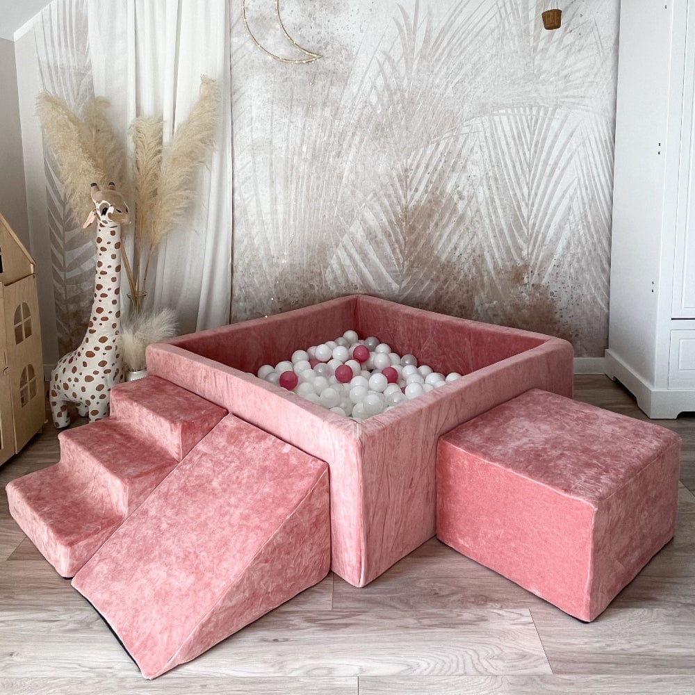 speelset playset ballenbadaccessoires ballenbad ballenbaden ballenbakje foamblokken zachte speelblokken klimblokken moje velvet pink roze donkerroze