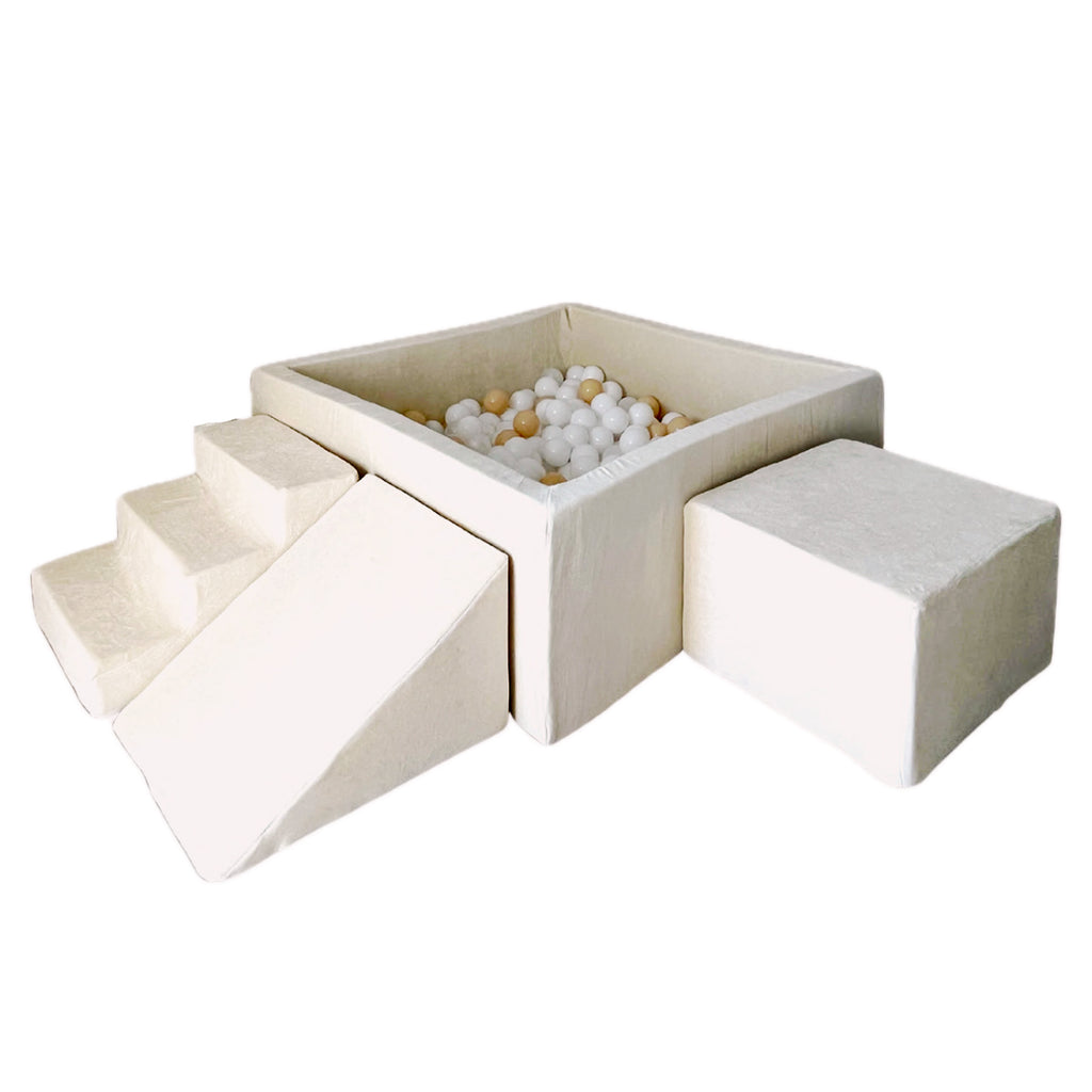speelset playset ballenbadaccessoires ballenbad ballenbaden ballenbakje foamblokken zachte speelblokken klimblokken moje velvet ecru beige