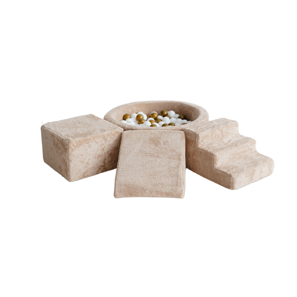 ballenbad ballenbak 3 elementen foam blokken trapje driehoek kubus teddy stof beige moje ballenbadballen ballenbakballen