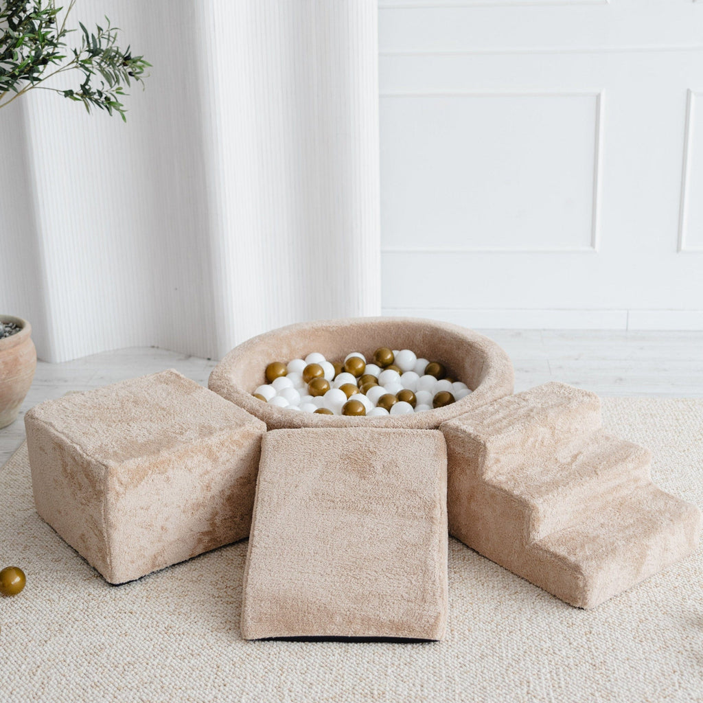 ballenbad ballenbak 3 elementen foam blokken trapje driehoek kubus teddy stof beige moje ballenbadballen ballenbakballen