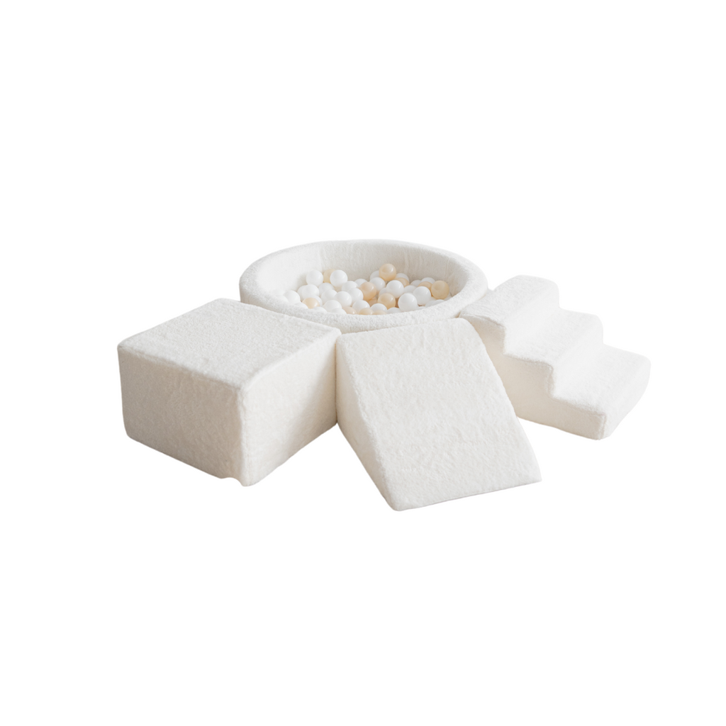 ballenbad ballenbak 3 elementen foam blokken trapje driehoek kubus teddy stof wit white moje