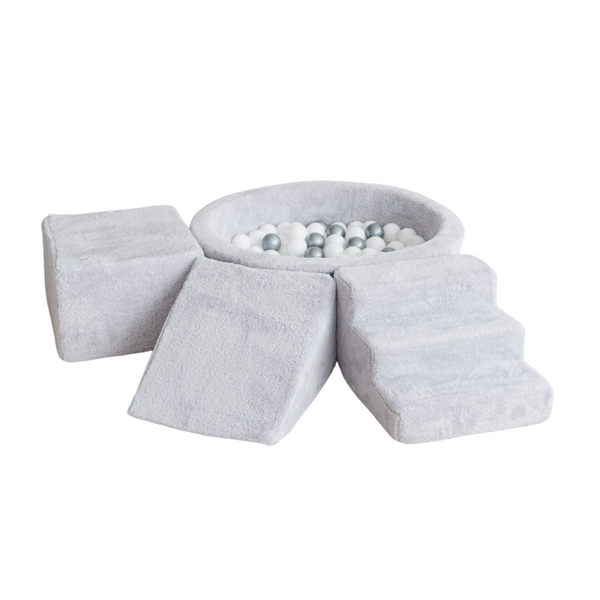 ballenbad ballenbak 3 elementen foam blokken trapje driehoek kubus teddy stof grey grijs moje ballenbadballen ballenbakballen