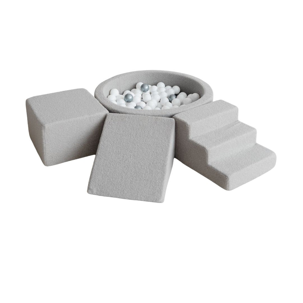 bouclé ballenbad rond met speelelementen foamblokken klimblokken ballenbadaccessoires trapje moje grijs grey