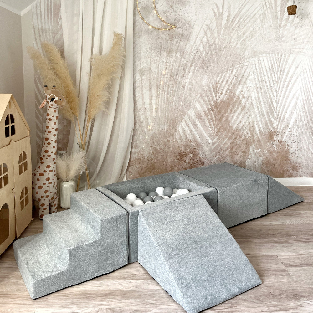 grijs grey ballenbad ballenbak speelset moje playset hindernissenparcour blokken foam zachte ballenbakballen ballenbadballen 