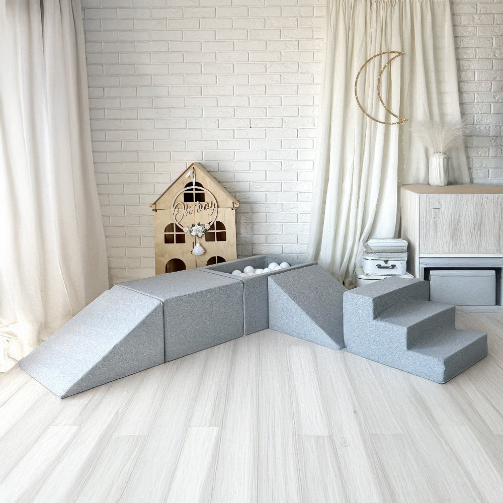 speelset playset ballenbadaccessoires ballenbad ballenbaden ballenbakje foamblokken zachte speelblokken klimblokken moje grijs grey
