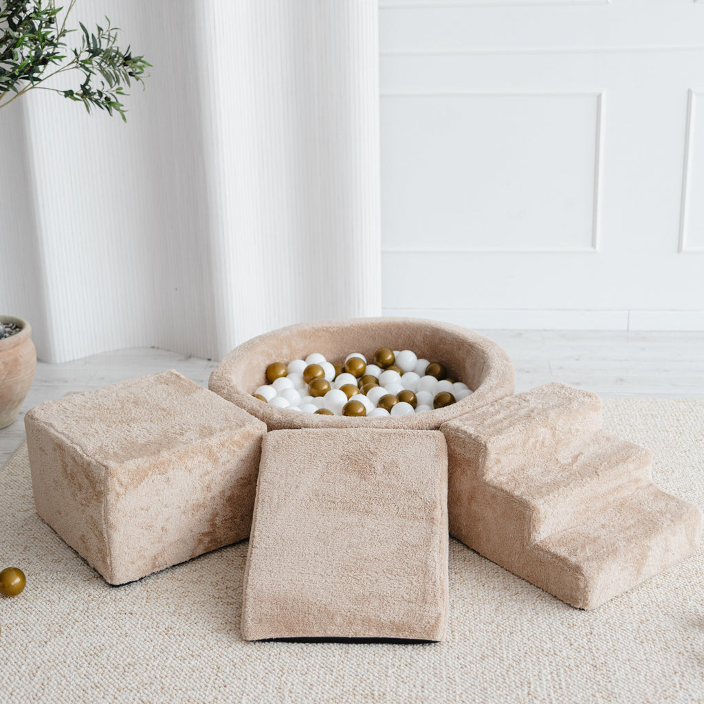 ballenbad ballenbak 3 elementen foam blokken trapje driehoek kubus teddy stof beige moje ballenbadballen ballenbakballen