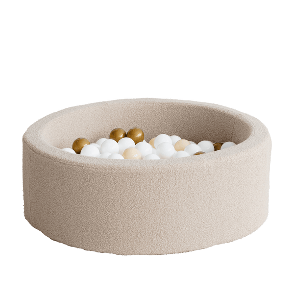 bouclé boucle beige bruin ballenbad ballenbak ballenbadballen ballenbakballen rond 30 hoog moje
