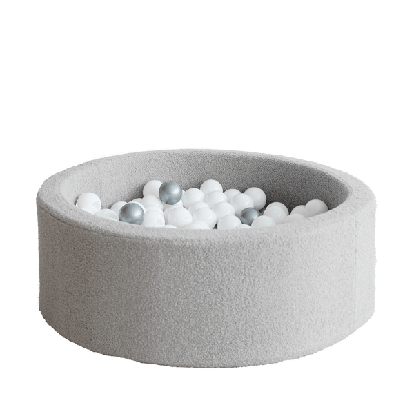 bouclé boucle grijs grey ballenbad ballenbak ballenbadballen ballenbakballen rond 30 hoog moje